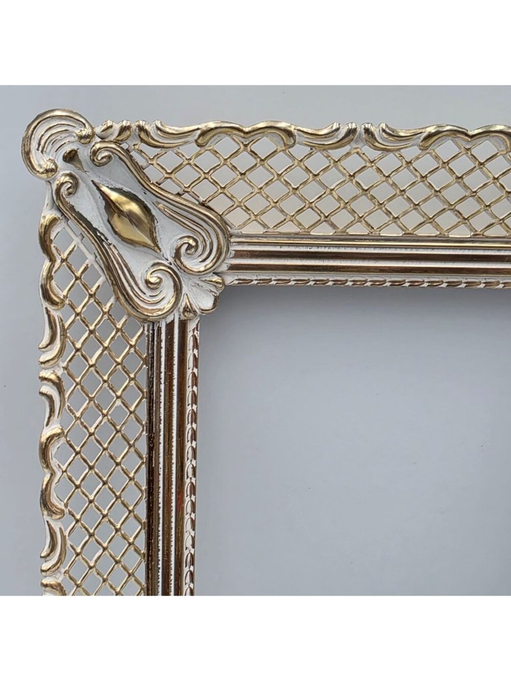 Ornate Gold Tone White Wash Metal Frame Intricate Lattice Applied Corners 6" x 8